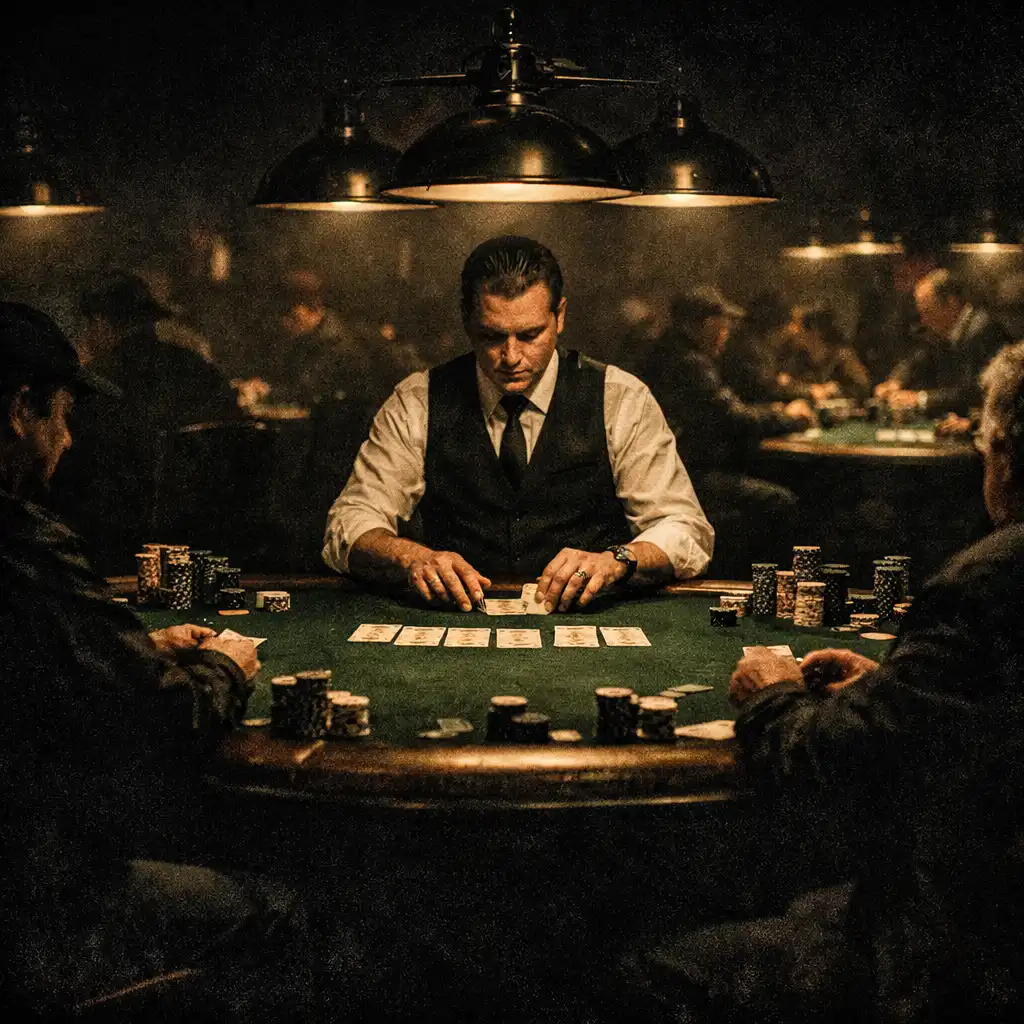 Dimly lit poker lounge with professional green felt tables and warm overhead lighting