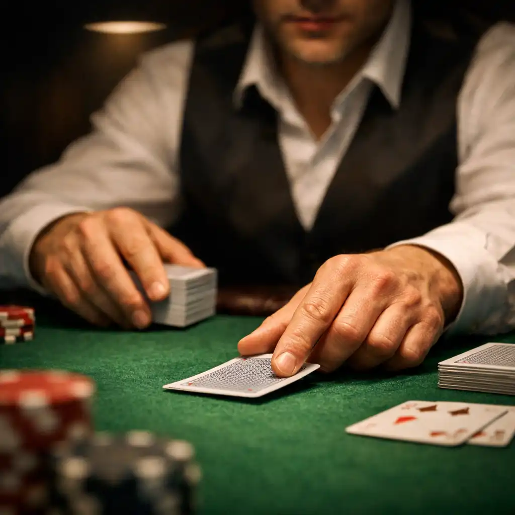 Croupier dealing cards across green felt at a poker table