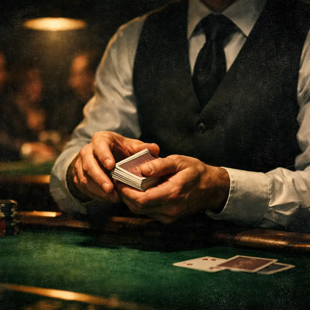 Professional croupier dealing cards at a poker table in the Card Lounge