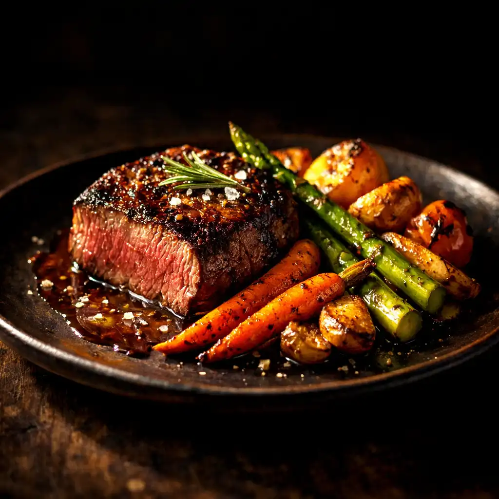 Beautifully plated steak with roasted vegetables on a dark ceramic plate under dramatic warm light