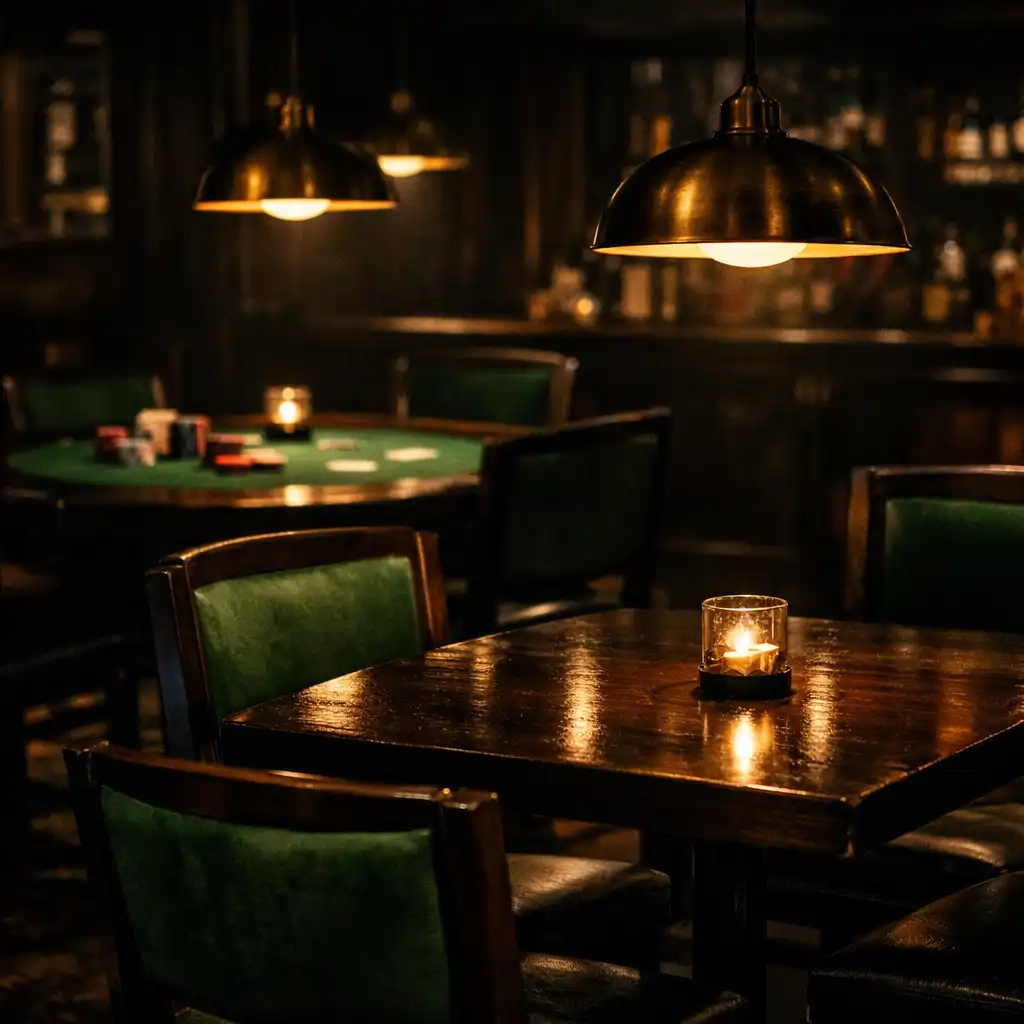 Dimly lit restaurant interior at Wing Logan with dark wood tables, green felt accents, and warm brass pendant lights