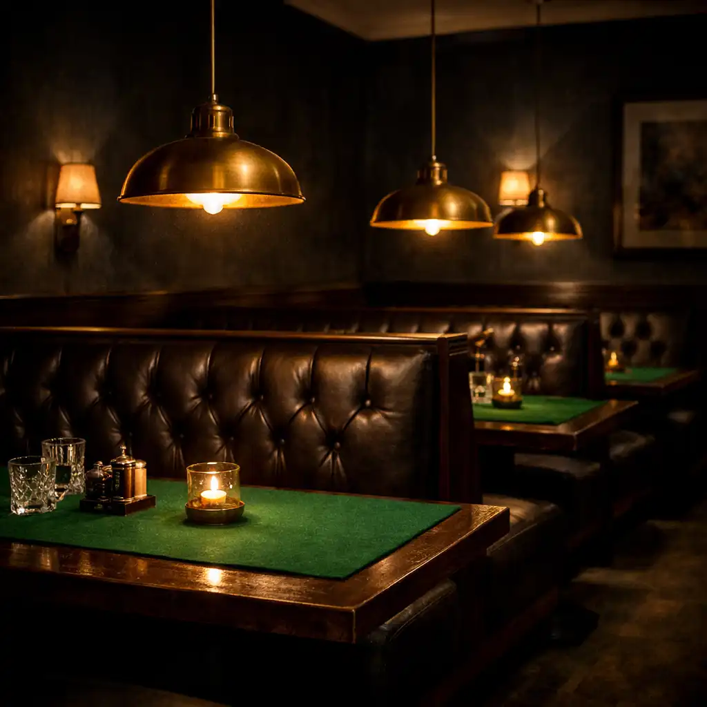 Upscale dark restaurant interior with booth seating, charcoal walls, and green felt table runners