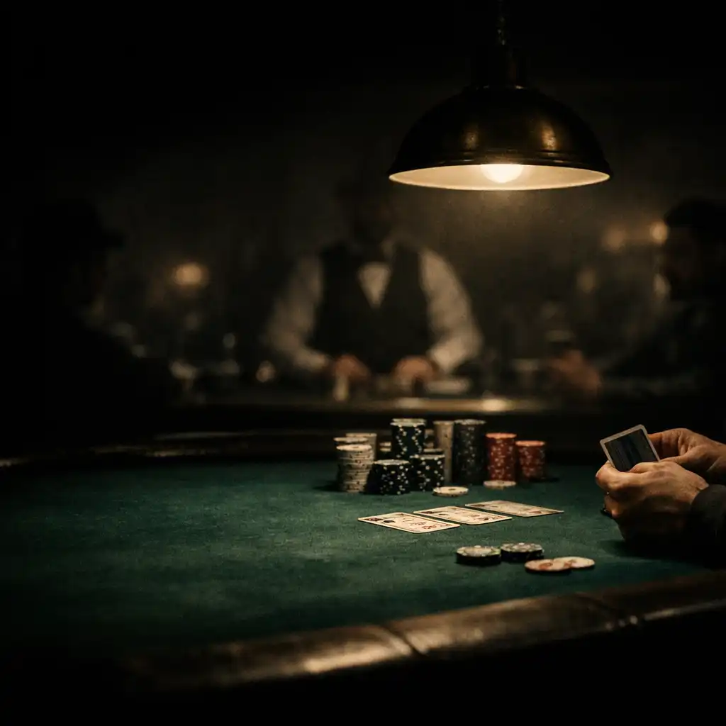 A cinematic poker table with green felt, chips, and player hands under warm overhead lighting in a dark poker room