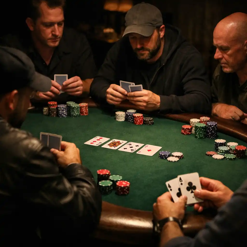 Players seated at a poker table with chips and cards under warm lighting