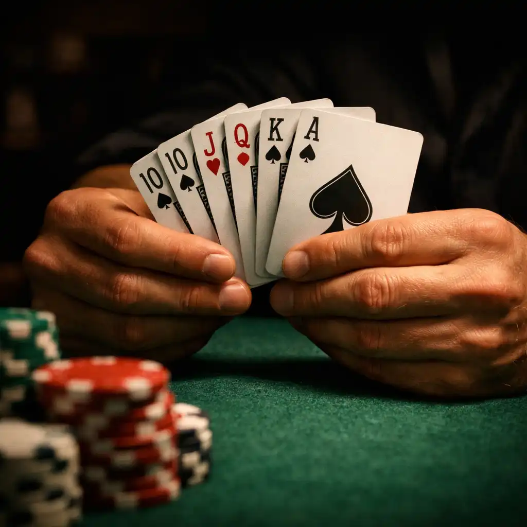 Close-up of a player's hands holding a fan of playing cards over a green felt poker table with chips in the foreground