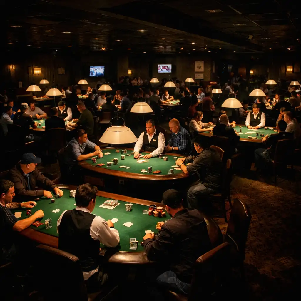 Wide view of a dedicated poker room with multiple green felt tables, players, and croupiers under warm overhead lamps