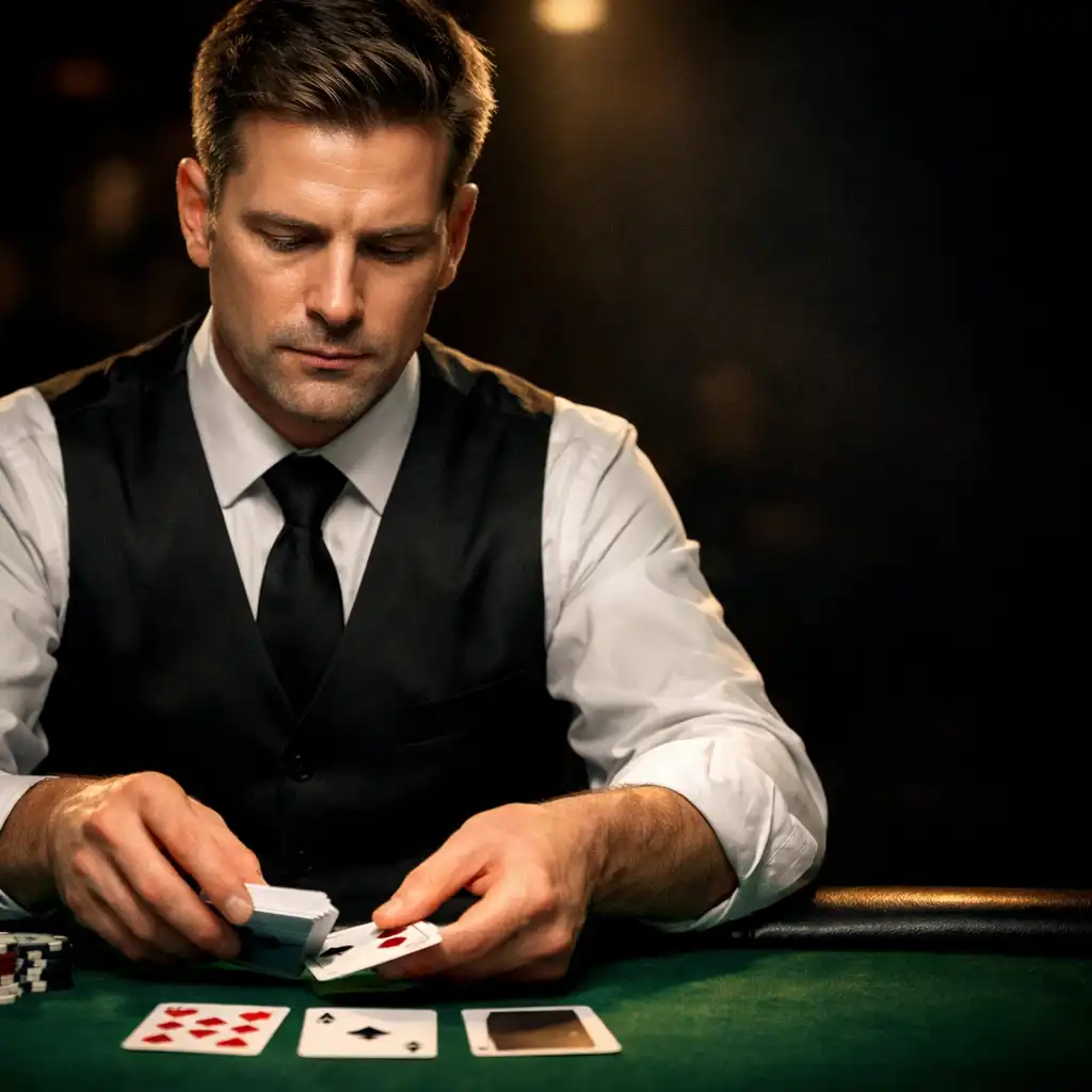 A professional croupier in a dark vest dealing cards onto a green felt table under warm focused lighting.