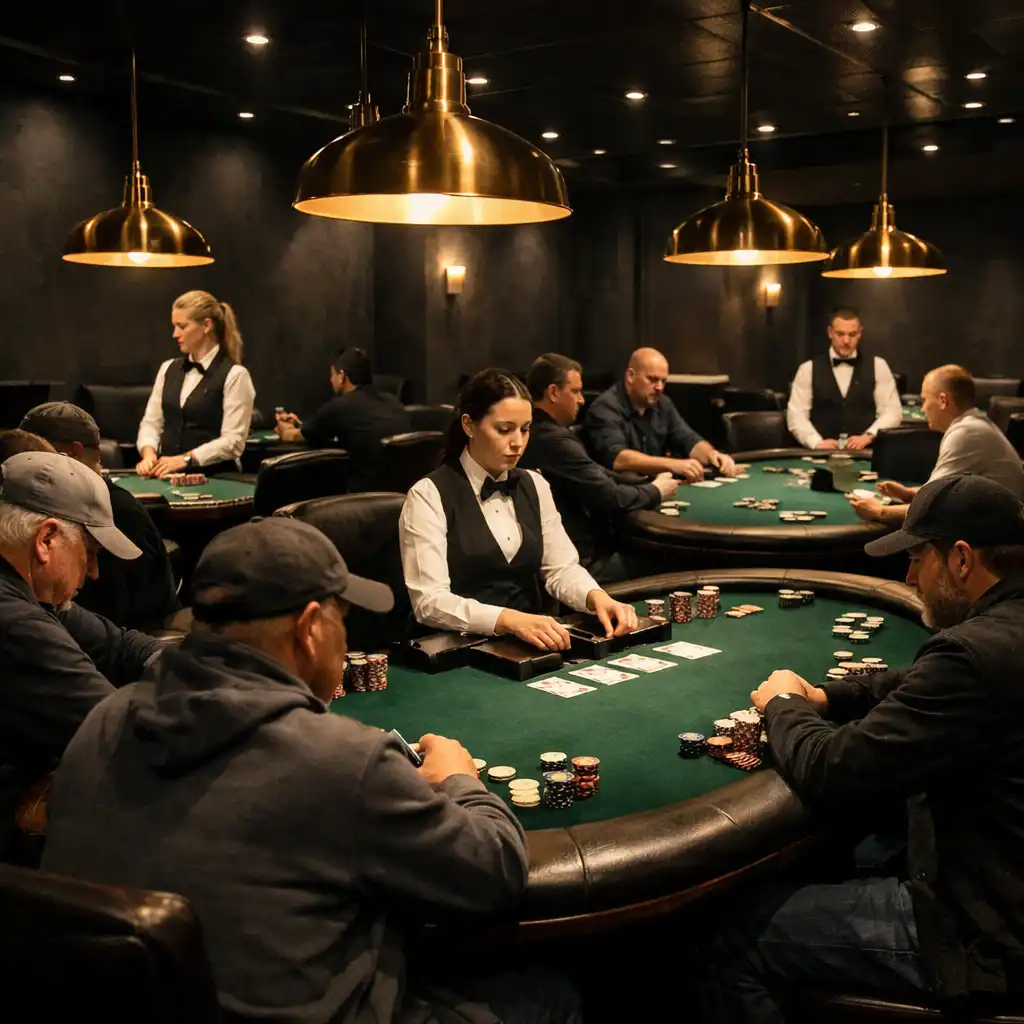 Interior of the dedicated poker room at Wing Logan with professional felt tables and warm brass lighting