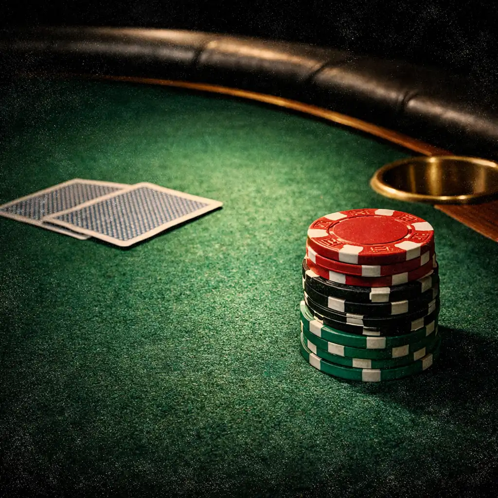 Close-up of a real poker table with green felt, playing cards, and stacked chips