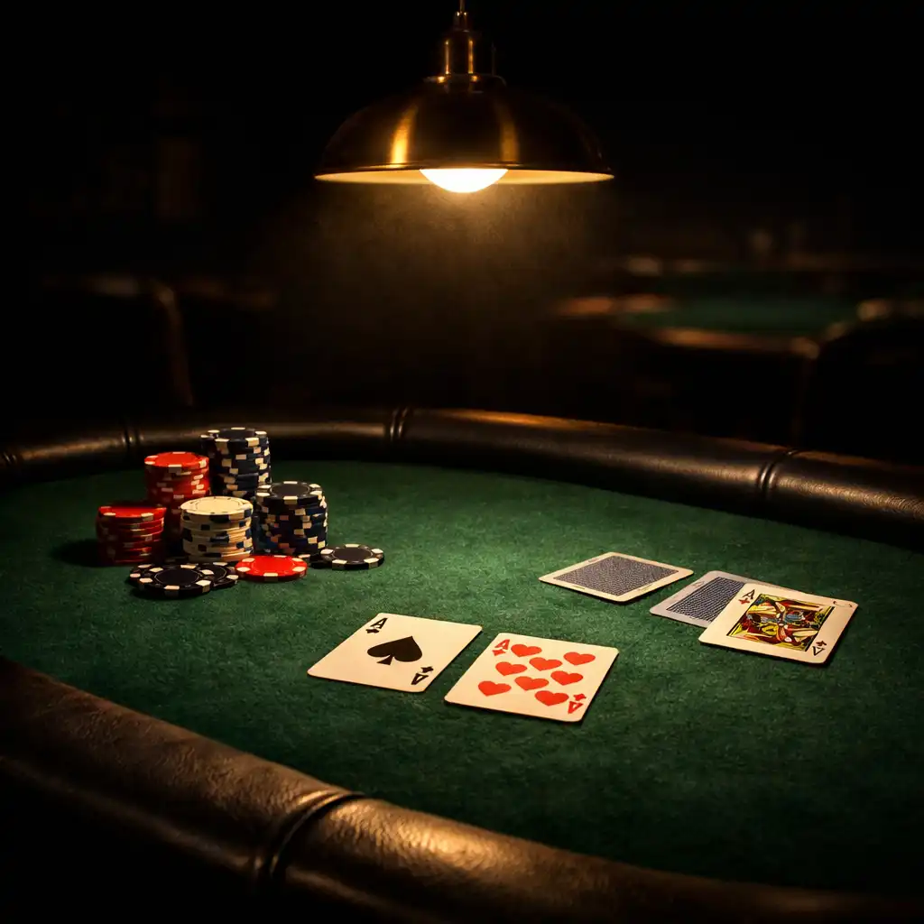 Premium poker table under a low brass lamp with green felt, chips, and cards