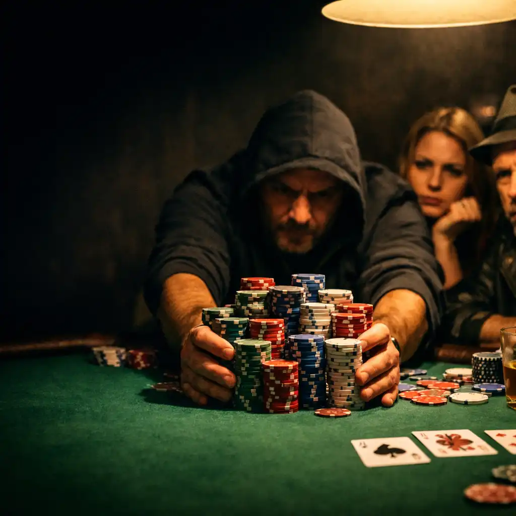 A dramatic poker moment with a player pushing a large stack of chips into the center of the table under warm lighting